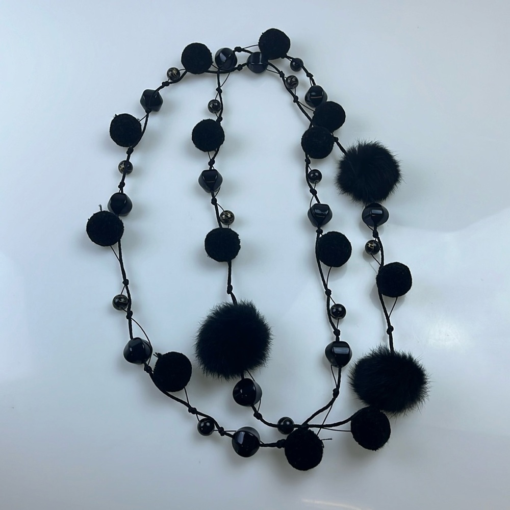 Beautiful Long Black Double Wrap Pompom Beaded Necklace N260-64